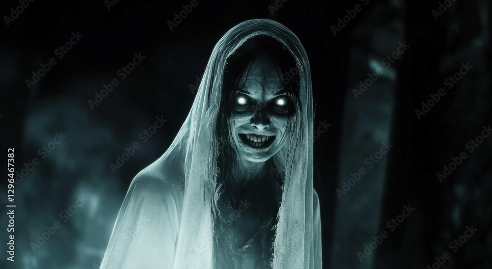 Night envelops a spectral figure in a forest, revealing a ghostly woman draped in a white veil. Her glowing eyes pierce the darkness, creating a haunting atmosphere Night envelops a spectral figure in a forest, revealing a ghostly woman draped in a white veil. Her glowing eyes pierce the darkness, creating a haunting atmosphere