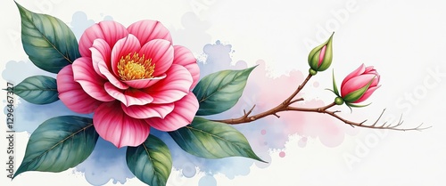 Vibrant Pink Camellia Flower Against White Background: Intricate Realistic Detailing. A watercolor painting of a pink flower with green leaves.