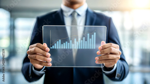 stock picks with sectors concept. Businessman holding a transparent tablet displaying a digital growth chart in a modern office setting.