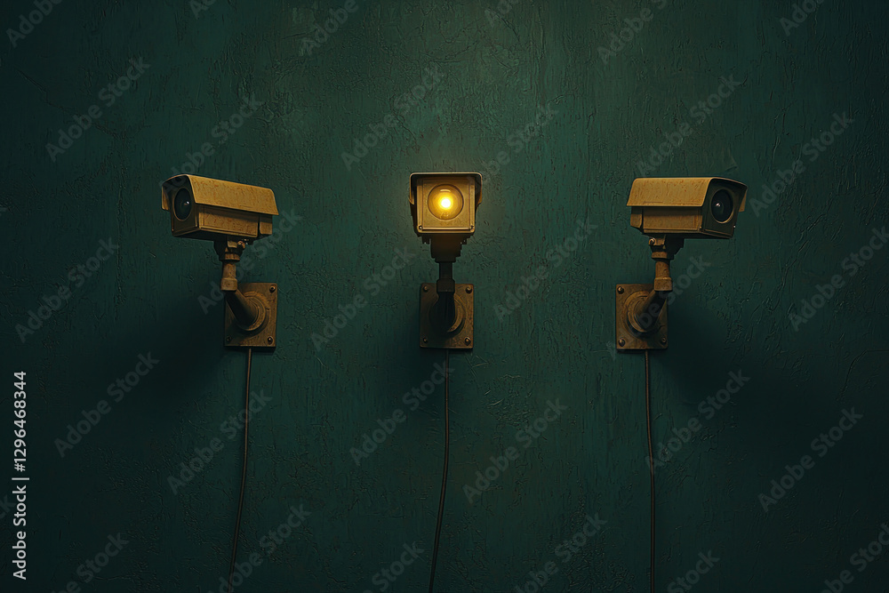 Surveillance cameras on a wall with an illuminated light for security monitoring. Surveillance cameras on a wall with an illuminated light for security monitoring.