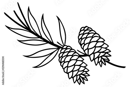 Detailed Line Drawing of Pine Branch with Cones

