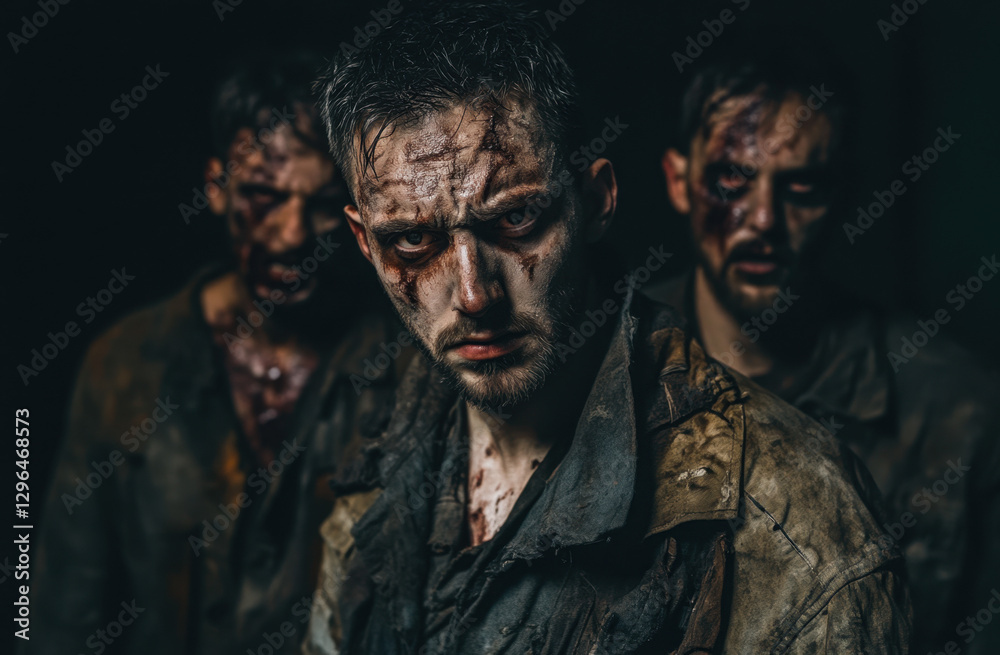 Obraz premium A group of zombies lurks in a dimly lit environment, showcasing their frightening appearance. The atmosphere is intense as they approach with a menacing look, heightening the sense of danger