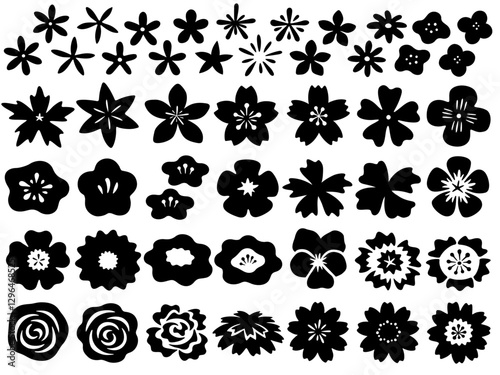 色々な手描き風の花のシルエットイラストセット