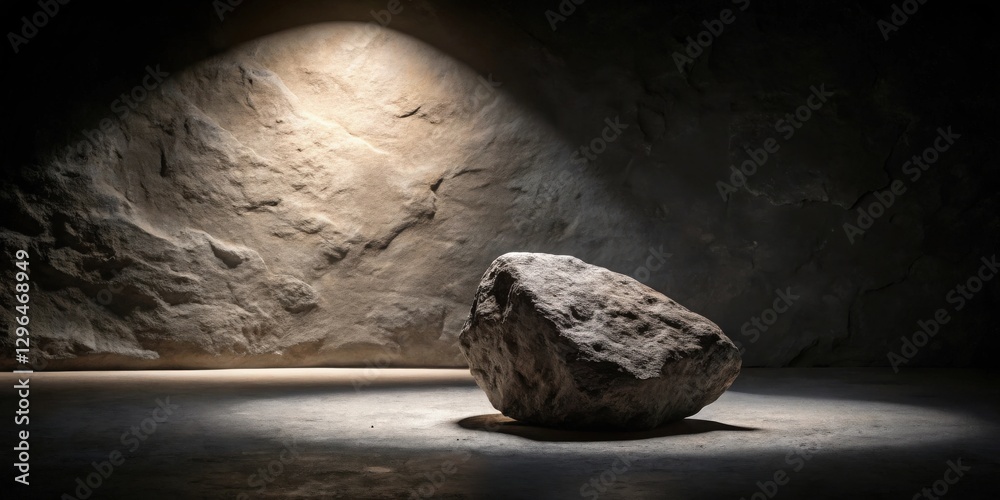 Obraz premium A solitary boulder rests on a smooth surface, dramatically illuminated by a single light source against a textured stone backdrop.