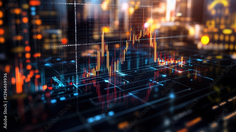 Fototapeta premium Nighttime city skyline with illuminated buildings and vibrant lights reflecting on the water surface