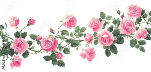 Delicate Pink Roses With Green Leaves On White Background