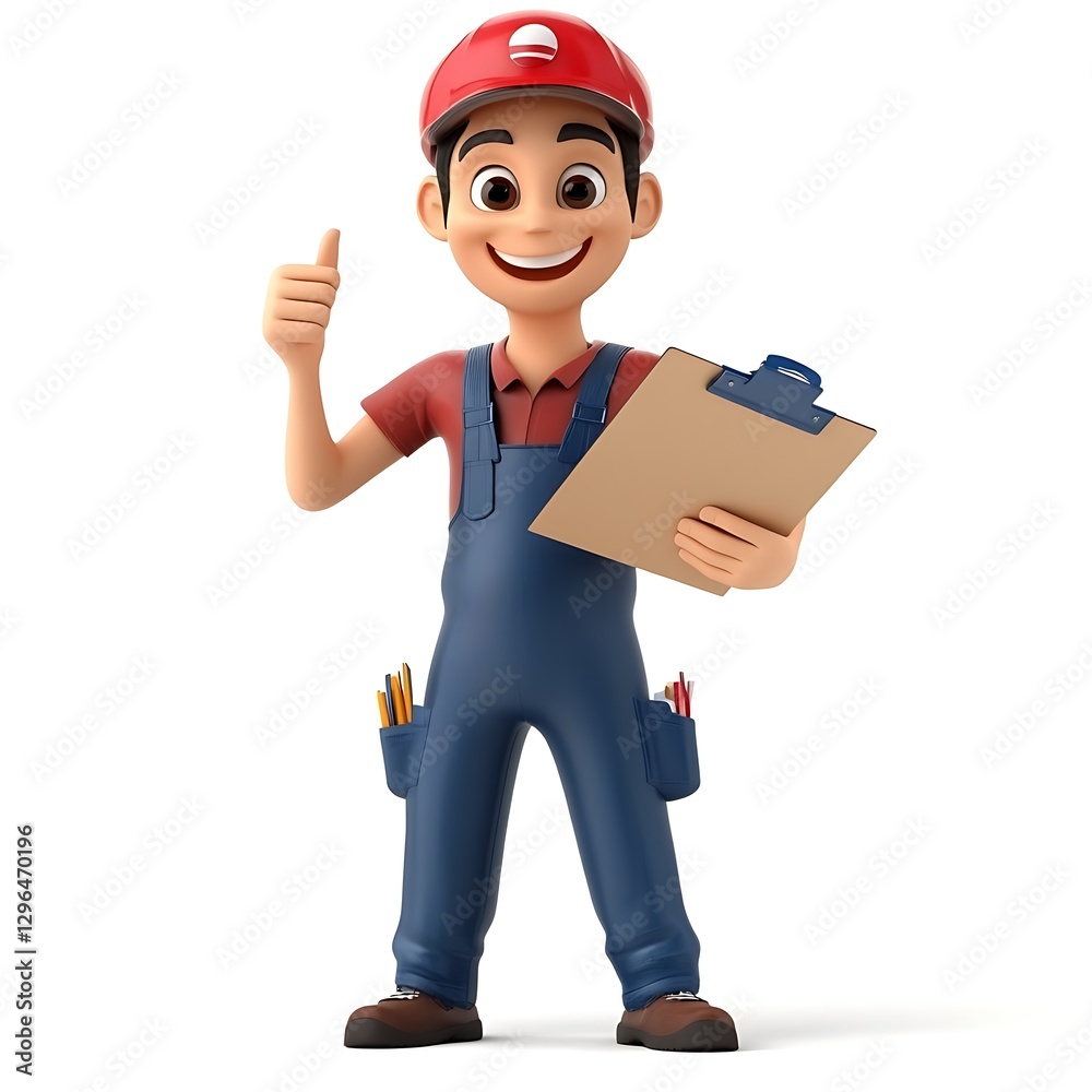 Happy Technician: A cheerful technician in workwear gives a thumbs up, holding a clipboard, radiating positivity and reliability Happy Technician: A cheerful technician in workwear gives a thumbs up, holding a clipboard, radiating positivity and reliability