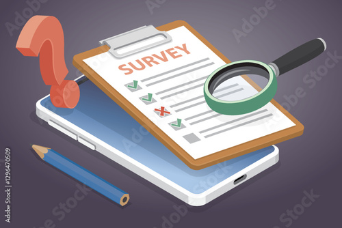 Check list with mobile phone, form vote in phone, feedback, survey, questionnaire, mark choice in document. Isometric vector illustration.