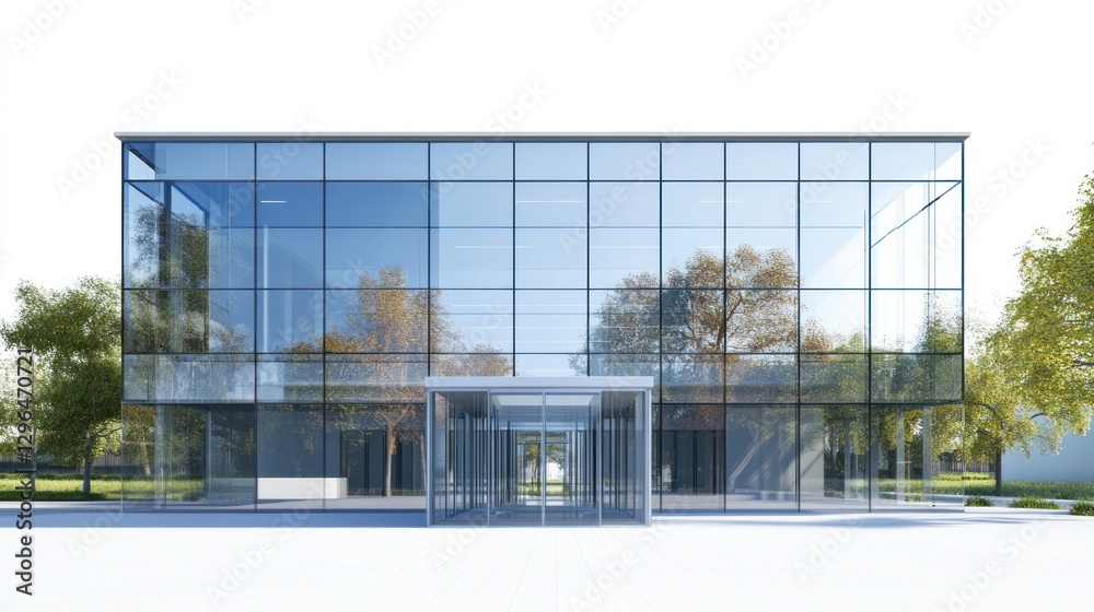 Obraz premium Modern glass office building entrance, trees, sunny day, architectural design