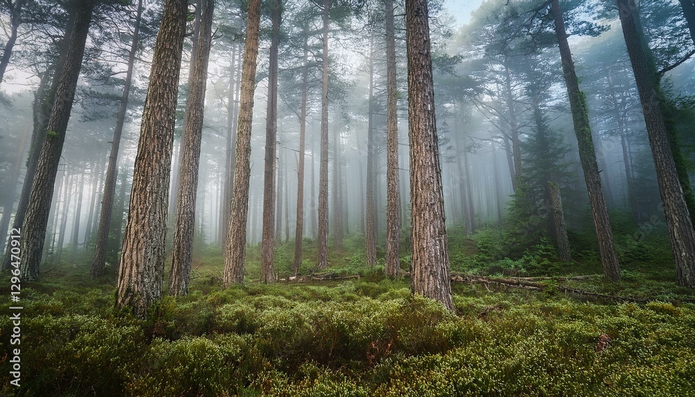 Fototapeta premium enchanted forest with tall pine trees and misty atmosphere