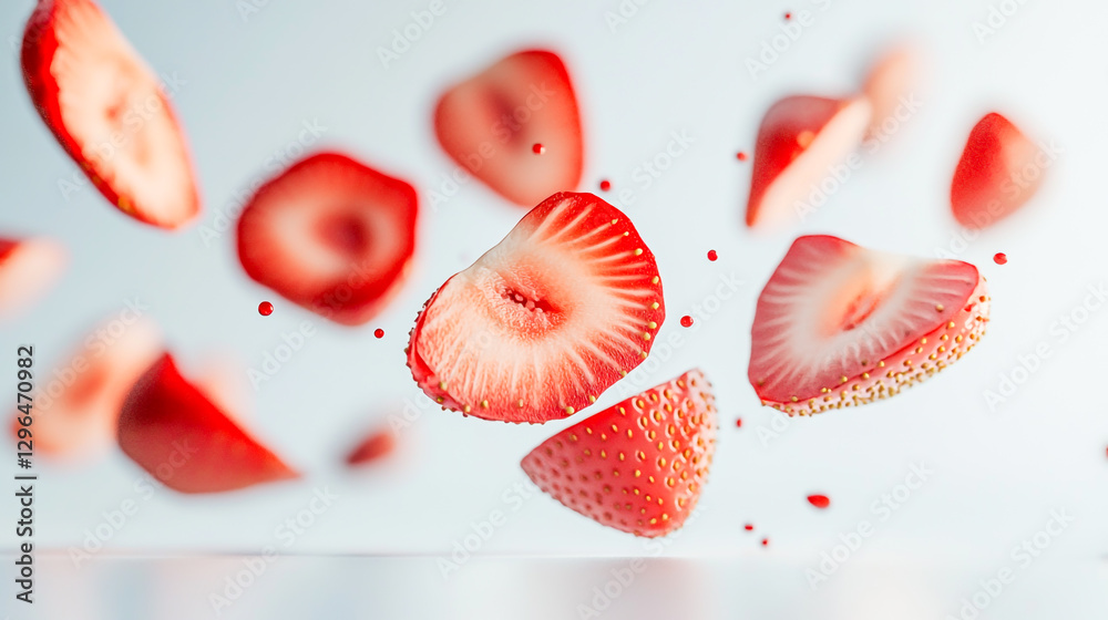 Fototapeta premium Freshly Sliced Strawberries Floating Against A Clean White Background