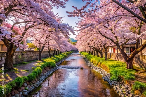 Fukuoka Cherry Blossoms: Serene Streamside Bloom in Spring