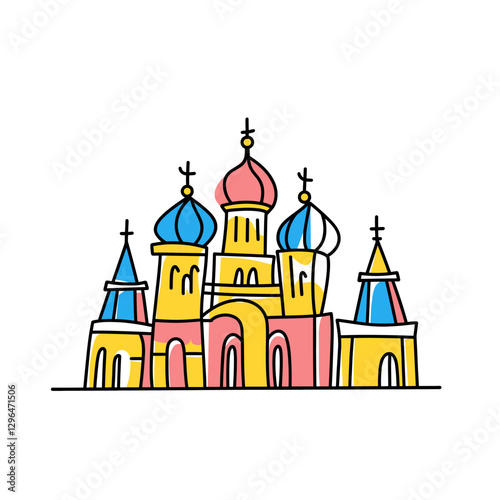 Saint Basil's Cathedral illustration in an doodle inca cartoon style. Simple minimalist drawing of Cathedral of Vasily the Blessed
