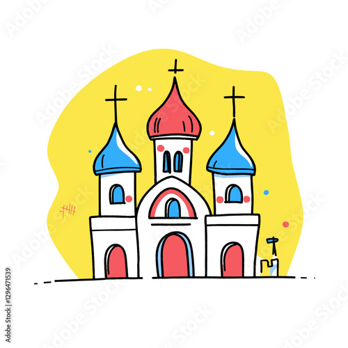 Saint Basil's Cathedral illustration in an doodle inca cartoon style. Simple minimalist drawing of Cathedral of Vasily the Blessed