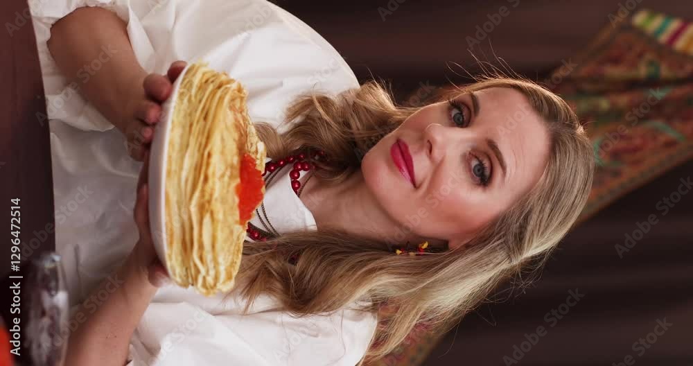 beautiful russian girl with a stack of pancakes with red caviar on russian Maslenitsa
