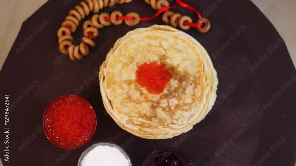 lots of delicious, mouth-watering pancakes with red caviar for Russian Maslenitsa
