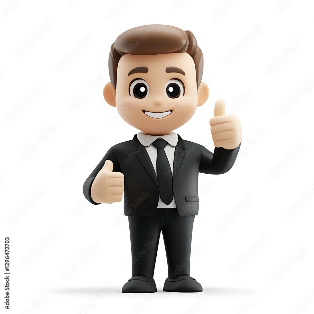 Smiling Businessman Thumbs Up: A cheerful 3D rendered cartoon businessman gives a double thumbs up, expressing positivity, success, and approval. Smiling Businessman Thumbs Up: A cheerful 3D rendered cartoon businessman gives a double thumbs up, expressing positivity, success, and approval.