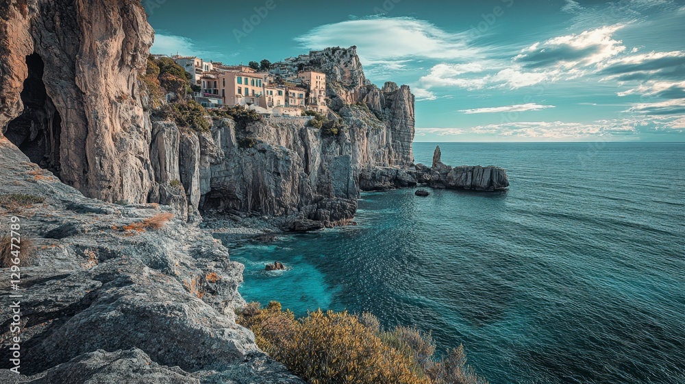 Fototapeta premium Serene Coastal Village with Dramatic Cliffs and Tranquil Waters