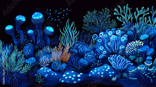 Fototapeta Naklejka Na Ścianę i Meble -  Vibrant blue light illuminates a dark coral reef ecosystem, vibrant, tropical. Bioluminescent Coral Reef. Illustration