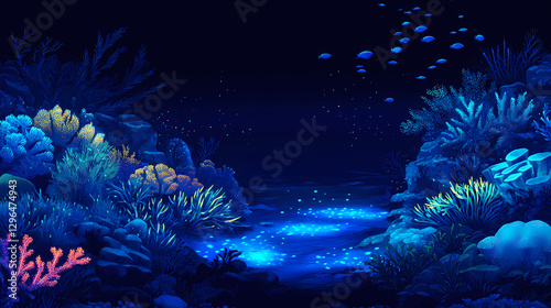 Fototapeta Naklejka Na Ścianę i Meble -  Vibrant blue light illuminates a dark coral reef ecosystem, illumination, exotic, colorful. Bioluminescent Coral Reef. Illustration