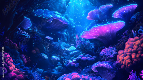 Fototapeta Naklejka Na Ścianę i Meble -  Vibrant blue light illuminates a dark coral reef ecosystem, illumination, exotic, colorful. Bioluminescent Coral Reef. Illustration