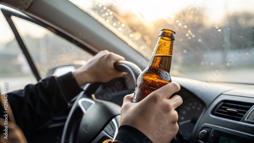 Drinking and Holding a beer bottle while driving a car, Dangerous and irresponsible Driver, behavior behind the wheel.