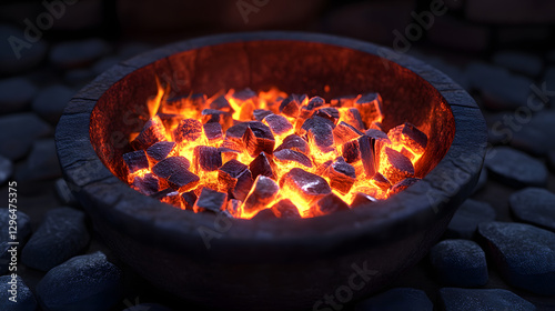 Warm flames burning in a fireplace with glowing firewood photo