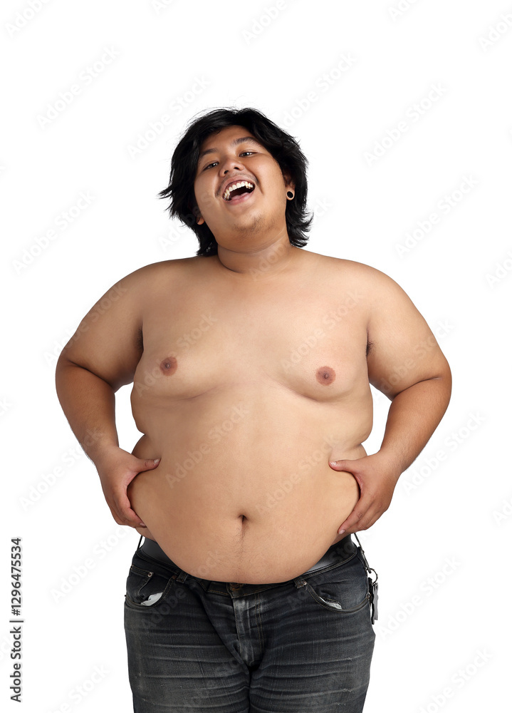 Fototapeta premium Asian Happy Fat Boy Acting Bodybuilding feeling good Health isolated on white background