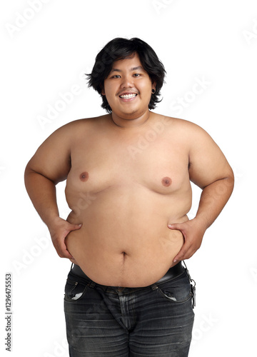 Asian Happy Fat Boy Acting Bodybuilding feeling good Health isolated on white background