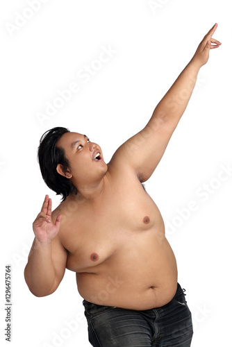 Asian Happy Fat Boy Acting Bodybuilding feeling good Health isolated on white background