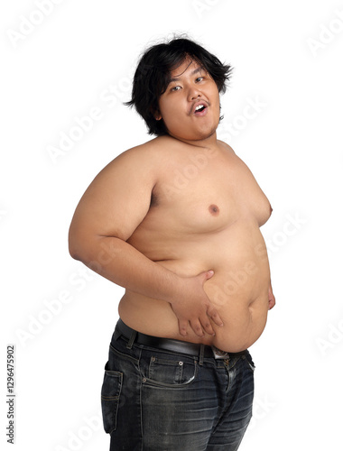 Asian Happy Fat Boy Acting Bodybuilding feeling good Health isolated on white background