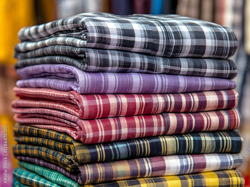 Stack of colorful checkered shirts on display at a market Stack of colorful checkered shirts on display at a market