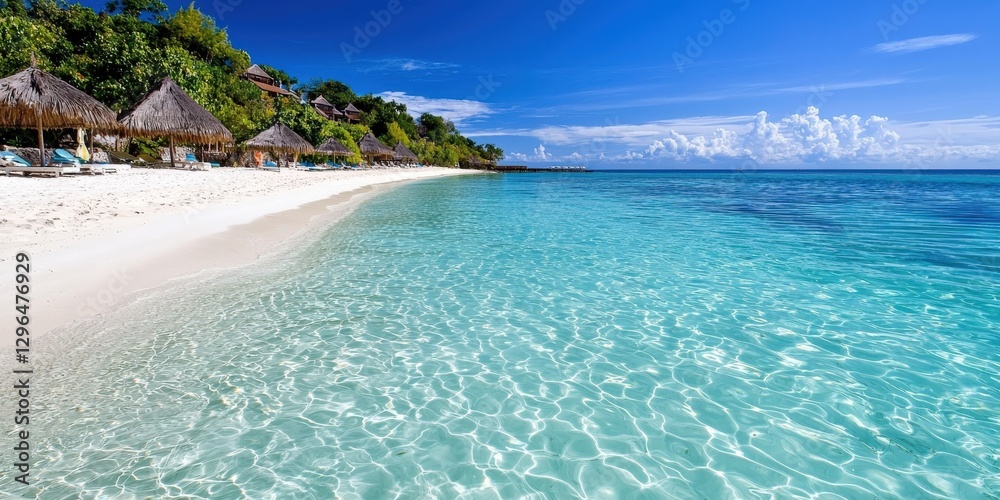 Fototapeta premium Tropical island lagoon with white sandy beaches, crystal-clear water gently lapping the shore, peaceful and exotic paradise
