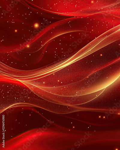 Abstract design featuring flowing red and gold waves with sparkling stars, creating a vibrant and dynamic visual effect.