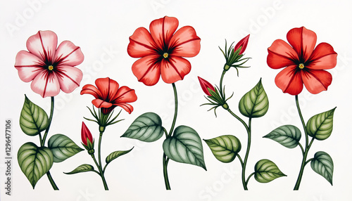 Vintage-Style Pink and Red Floral Illustration with Green Leaves