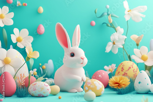 A beautiful and colorful illustration celebrating Easter, with rabbits and chocolate eggs.