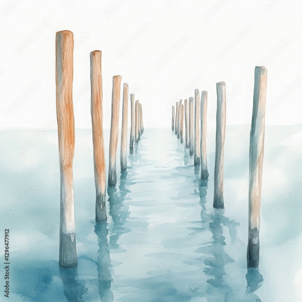 Calm water view reveals path made of wood, inviting reflection and tranquility Calm water view reveals path made of wood, inviting reflection and tranquility