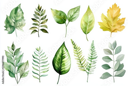 A vibrant collection of watercolor leaves featuring various shapes and sizes, perfect for nature-themed designs and illustrations.