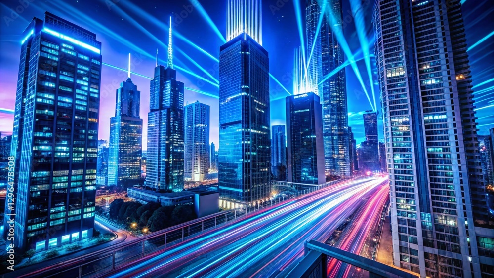 Obraz premium Futuristic Cityscape: Blue Neon Energy Trails & Cyberpunk Architecture