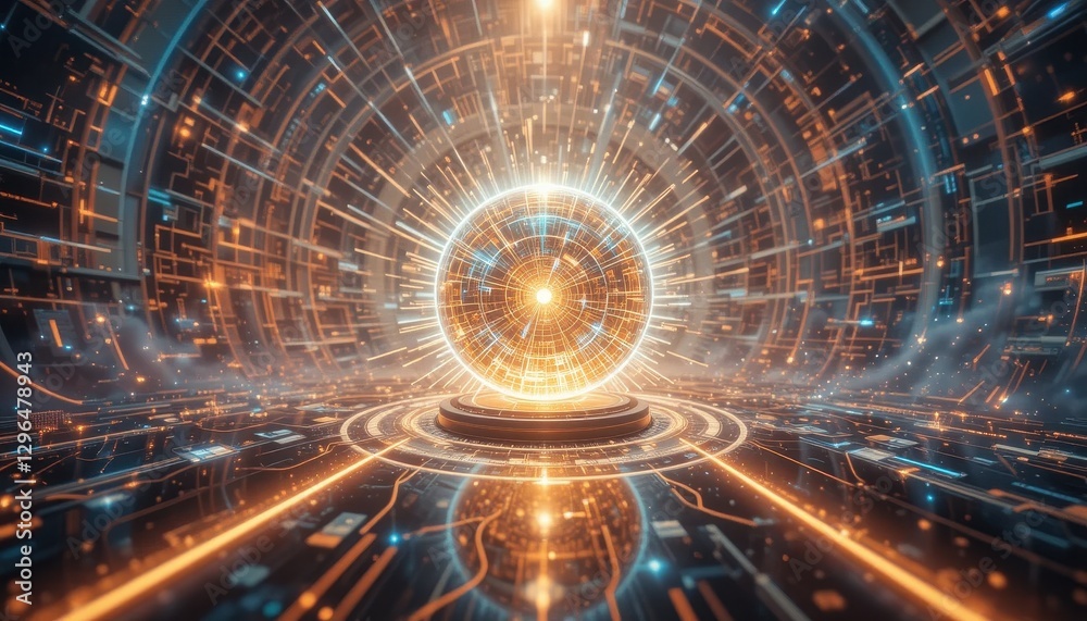 Fototapeta premium Futuristic glowing sphere in a technological digital environment Abstract background with orange and blue light rays