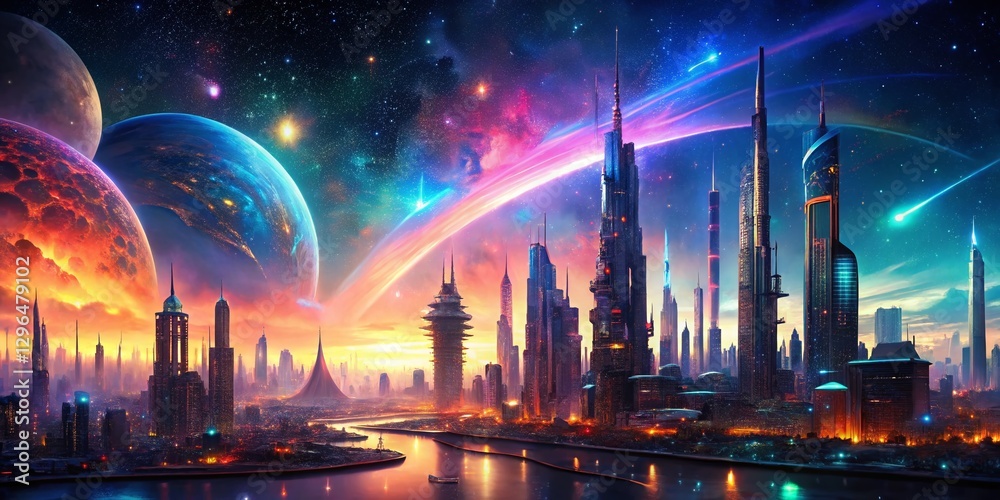 Fototapeta premium Futuristic Cityscape: Neon Lights, Cosmic Background, Sci-Fi Architecture Stock Photo