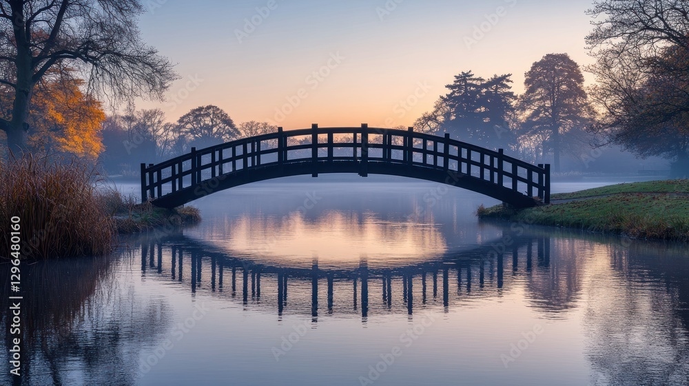 Fototapeta premium Serene sunrise over arched bridge reflecting in calm lake.