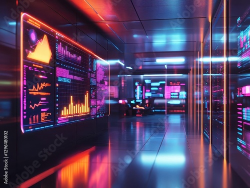 Wallpaper Mural A futuristic banking office with glowing holographic financial services and neon-lit client interaction spaces, Technology, Digital Art, Clean and modern Torontodigital.ca