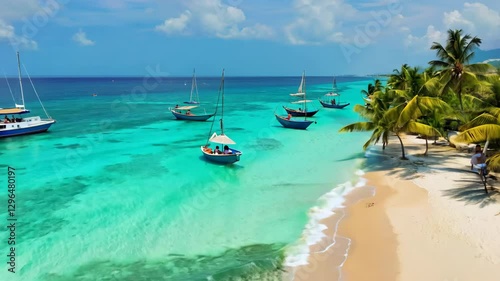 Tranquil Caribbean Shoreline with Colorful Boats and Pristine Beach