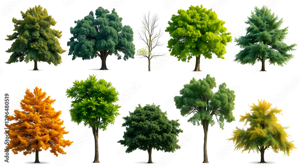 Fototapeta premium a collection of various vibrant trees, isolated against a bright backdrop, showcasing their diverse foliage and shapes