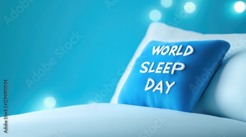 World Sleep Day pillow on bed with soft blue bokeh background photo