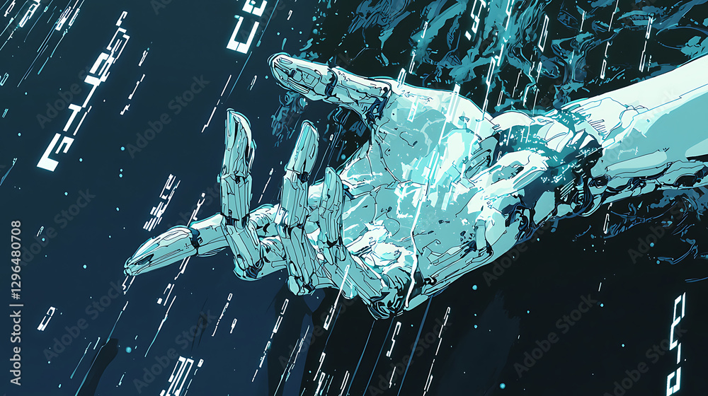 Naklejka premium Futuristic hand interacting with binary data and digital interface in a high-tech environment