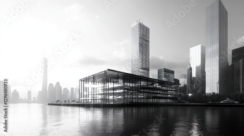 Modern waterfront building, city skyline, sunrise