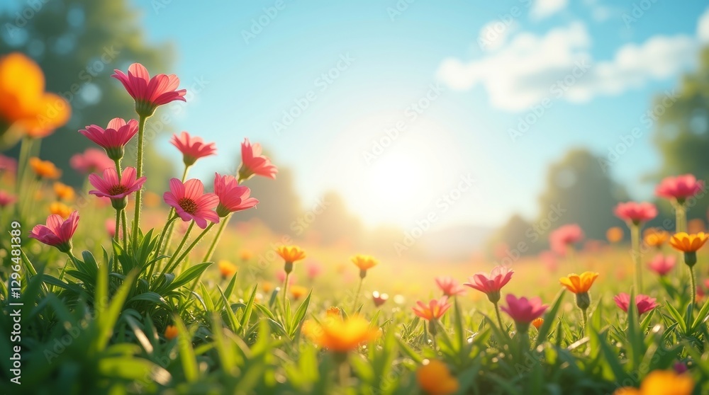 A vibrant spring afternoon with warm sunlight casting over colorful flowers in a lush green field. Ideal for nature, relaxation, and outdoor themes. A vibrant spring afternoon with warm sunlight casting over colorful flowers in a lush green field. Ideal for nature, relaxation, and outdoor themes.