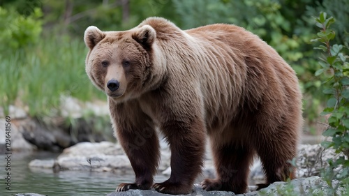 A clean-looking photo of a brown bear in its natural habitat, captured with sharp details and a serene, unobtrusive background.